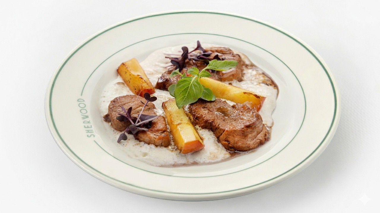 Свиная вырезка с муссом из сельдерея и карамелизированными яблоками